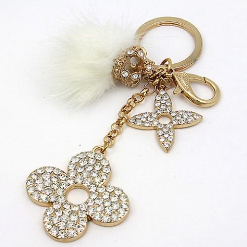 Key Chain - Rabbit Fur w/ Rhinestone Flowers & Crown - White - KC-YI5352WT